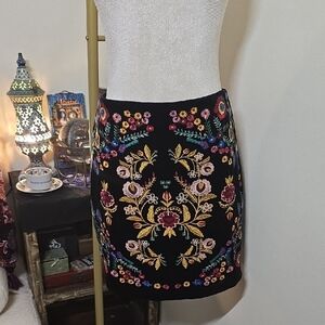Umgee Black Velvet Mini Skirt with Colorful Floral Folk Style Embroidery